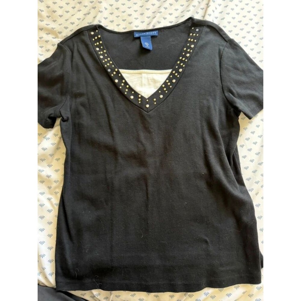Karen Scott Black Shirt with V Neck Detail